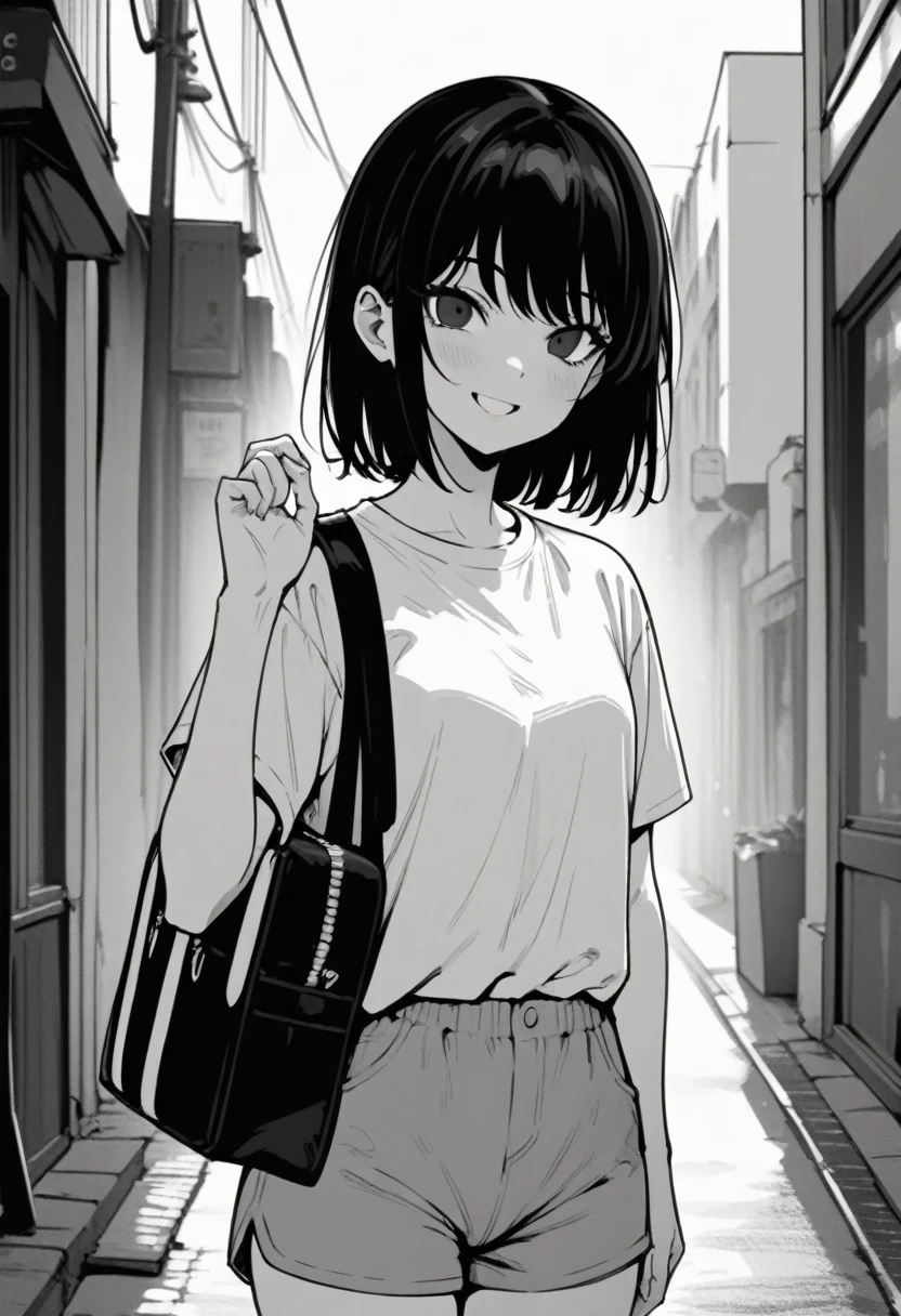 ​masterpiece, best quality 1girl, grayscale, style: manga, black eyes, street, iced, black hair, schoolbag, smile, lineart, white background, white shirt, grey shorts
