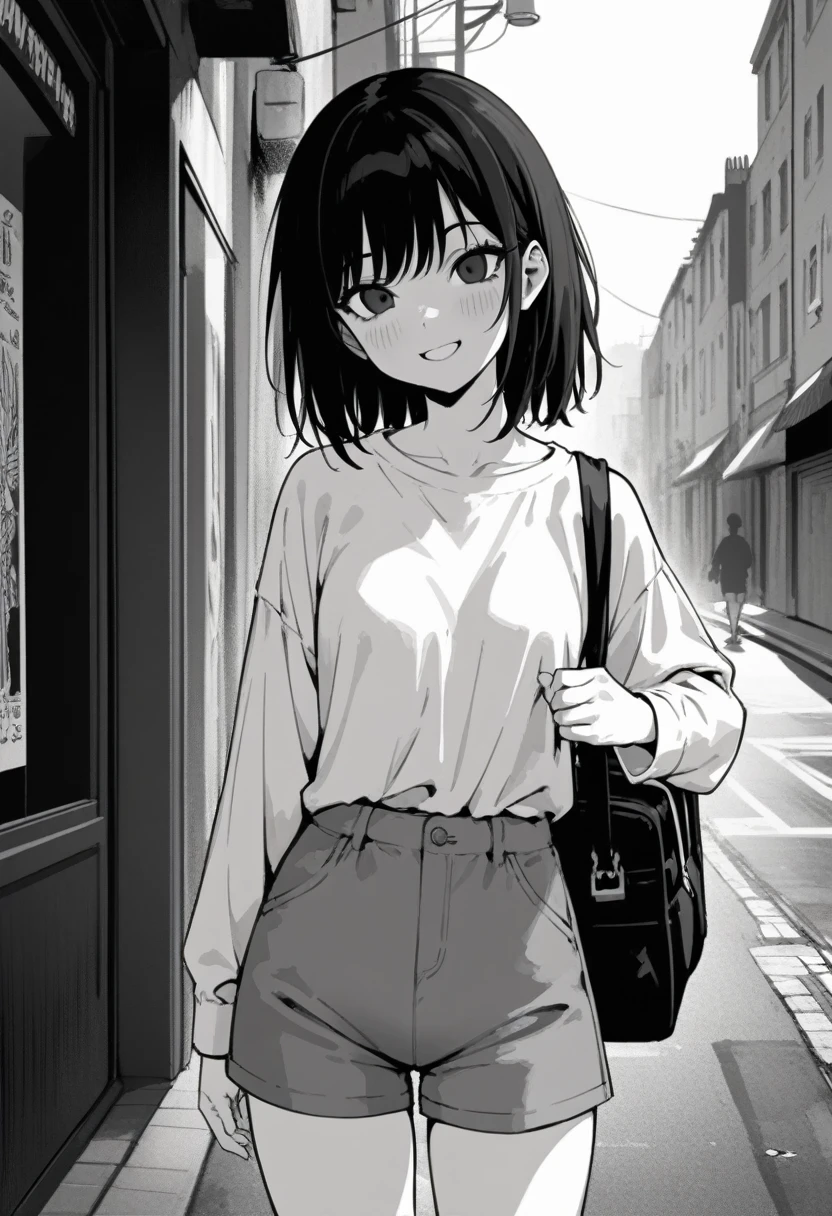 ​masterpiece, best quality 1girl, grayscale, style: manga, black eyes, street, iced, black hair, schoolbag, smile, lineart, white background, white shirt, grey shorts
