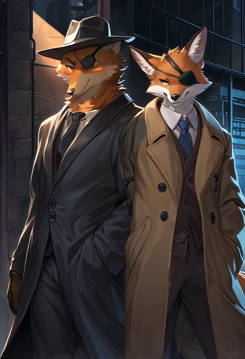 ((Masterpiece)), ((Best Quality)), (Very Detailed), ((Very Detailed)), 4K, (8K), very aesthetic, absurdres highres, 1male, anthropomorphic fox, furry, kemono, At the end of a dimly lit alleyway, a mysterious detective with a sleek, high-tech eyepatch stands in the shadows. The cool, dark tones of the night create an atmosphere of secrecy and intrigue. The detective’s trench coat and fedora are depicted with fine details, capturing the noir aesthetic. The eyepatch, equipped with subtle digital elements, suggests a blend of old-fashioned style and modern technology,
