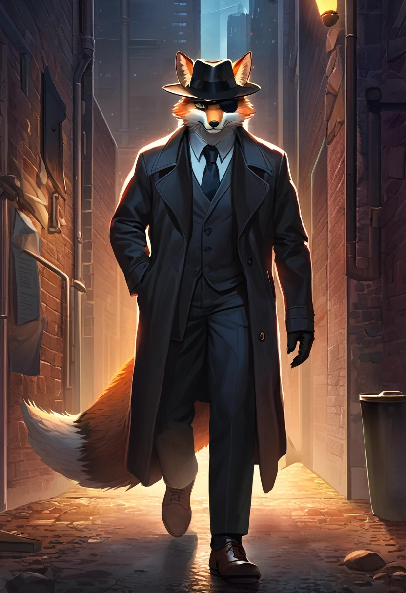 ((Masterpiece)), ((Best Quality)), (Very Detailed), ((Very Detailed)), 4K, (8K), very aesthetic, absurdres highres, 1male, anthropomorphic fox, furry, kemono, At the end of a dimly lit alleyway, a mysterious detective with a sleek, high-tech eyepatch stands in the shadows. The cool, dark tones of the night create an atmosphere of secrecy and intrigue. The detective’s trench coat and fedora are depicted with fine details, capturing the noir aesthetic. The eyepatch, equipped with subtle digital elements, suggests a blend of old-fashioned style and modern technology,