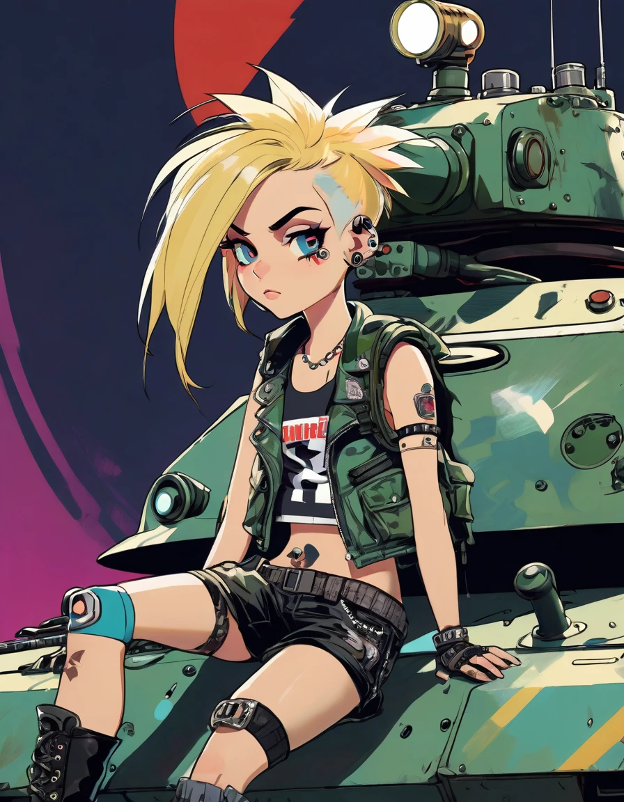 tank girl character, punk, blonde, with piercings, wearing military helmet, sitting on a tank, (best quality, 4k, 8k, high resolution, masterpiece: 1.2), ultra detailed, (realistic, photorealistic, photorealistic: 1.37) , oil painting, art inspired by Skottie Young and Bill Sienkiewicz, detailed facial features, piercings, punk, brave military aesthetic, worn and rugged appearance, dramatic lighting, cinematic composition, vibrant colors, moody atmosphere.