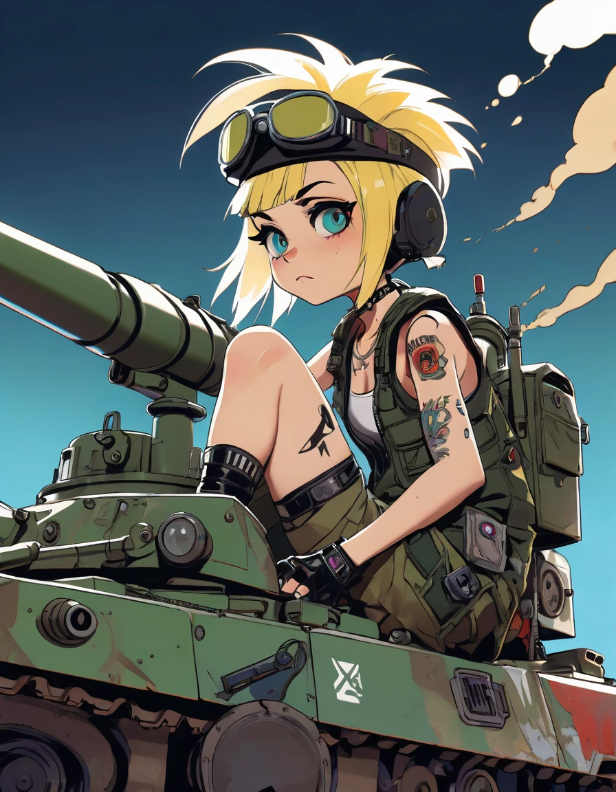 tank girl character, punk, blonde, with piercings, wearing military helmet, sitting on a tank, (best quality, 4k, 8k, high resolution, masterpiece: 1.2), ultra detailed, (realistic, photorealistic, photorealistic: 1.37) , oil painting, art inspired by Skottie Young and Bill Sienkiewicz, detailed facial features, piercings, punk, brave military aesthetic, worn and rugged appearance, dramatic lighting, cinematic composition, vibrant colors, moody atmosphere.