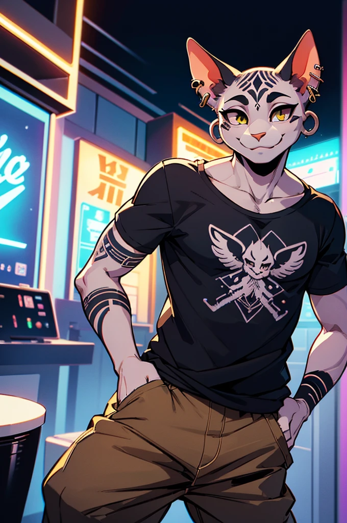 A male sphinx cat with white skin and black tattoos on his arms, ((white eyes, ear piercings, baggy green t-shirt, baggy brown pants, slim physique, manly face, smile)), high-quality 8k, comic style, hyper-detailed, sharp focus, studio lighting, cinematic dramatic lighting, neon color palette, neon lighting, cyberpunk, digital art