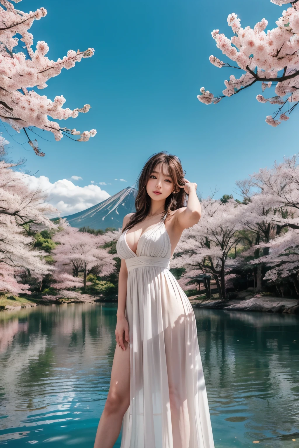 Beauty women, modestly drees, white drees, big bobies, big but, japan, pink sakura, fuji, turquoise lake, sun, blue sky