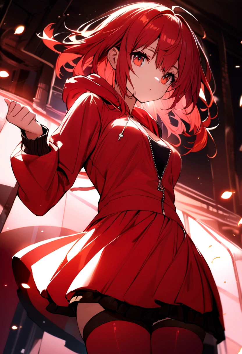 A girl with a red skirt red stockings red zip up hoody red hair and eyes 