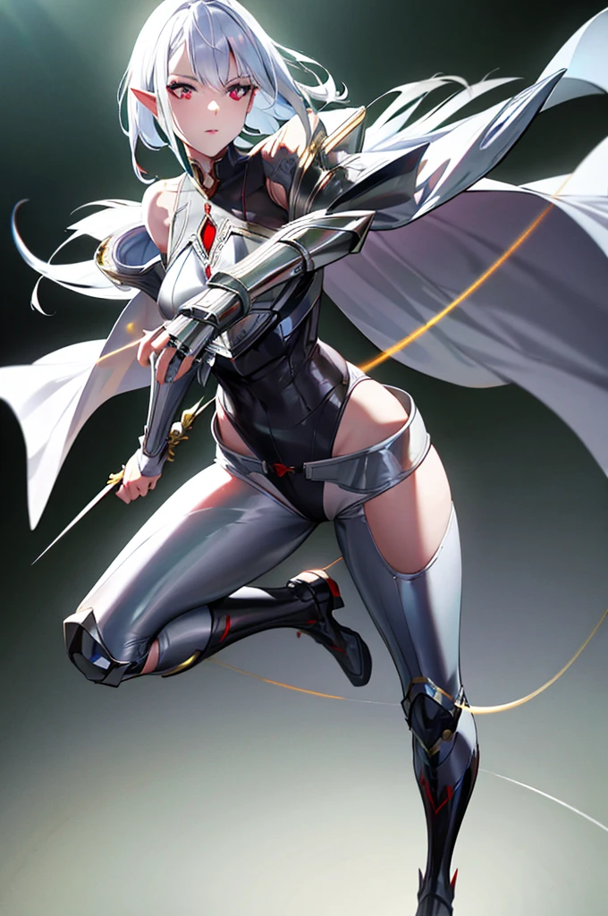 female elf knight, full body art, silver hair, white skin, red iris eye, knight full plate adorned armor, silver cape, perfectly detailed
