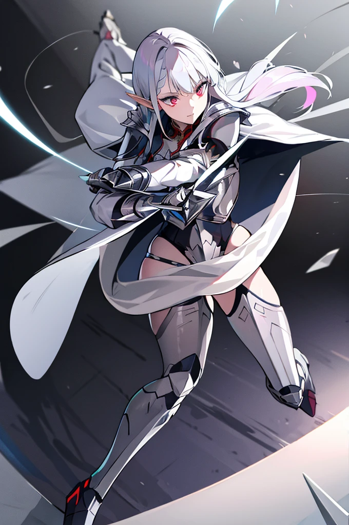 female elf knight, full body art, silver hair, white skin, red iris eye, knight full plate adorned armor, silver cape, perfectly detailed