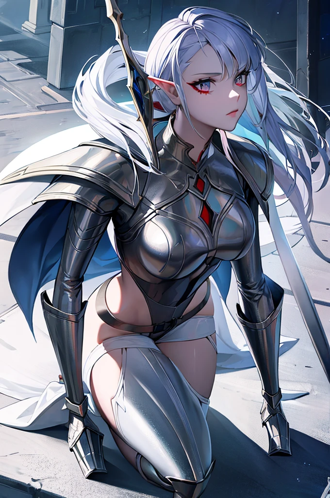 female elf knight, full body art, silver hair, white skin, red iris eye, knight full plate adorned armor, silver cape, perfectly detailed