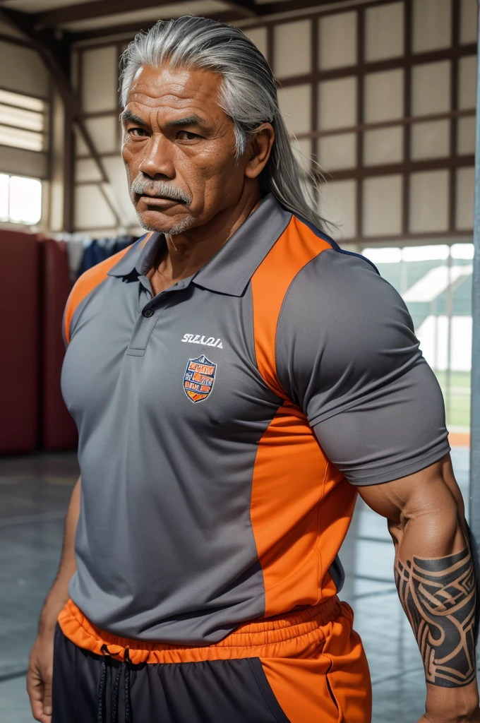 man from samoa, 60 years old, very muscular body, long gray hair, football coach, at a football field, wearing orange polo shirt and orange sweatpants, many tribal tattoos