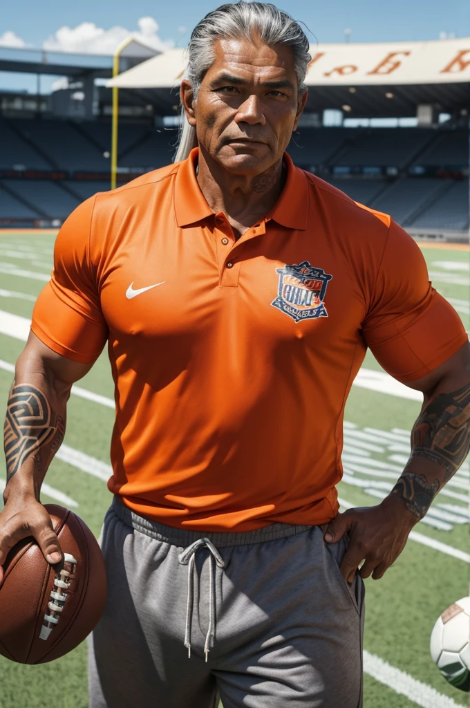 man from samoa, 60 years old, very muscular body, long gray hair, football coach, at a football field, wearing orange polo shirt and orange sweatpants, many tribal tattoos