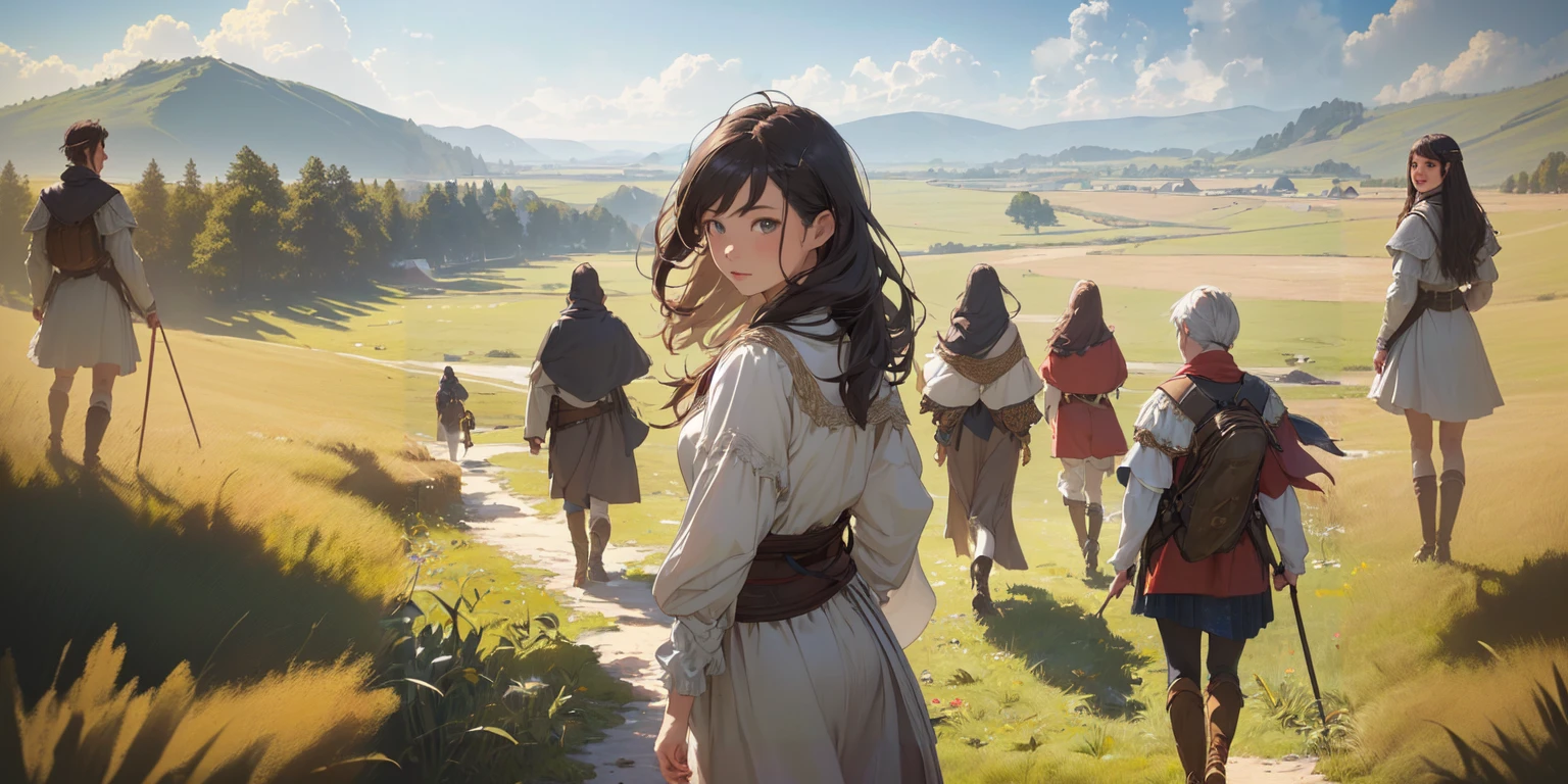 (((Top quality, 4k, 8k, high resolution, masterpiece: 1.2))), (super detailed), (realistic), (photorealistic), (photorealistic: 1.37), (HDR, UHD), (studio (lighting)), ultra-fine drawing, sharp focus, physically based rendering, highly detailed, professional, vibrant colors, medieval European clothing, adventurer's clothing, Vast grassland, majestic plain, wind, grass swaying in the wind, (((girl, girl smiling, girl's feet, girl looking back, girl walking))),