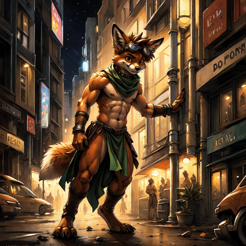 no lighting deep shadow, masterpiece, high quality, hi res, solo, teen Furry, furry, teenager, red fox, spiked brown hair only on head, collar, brown eyes, goggles, Black loincloth, green scarf, elbow pads, masterpiece, No muscles, Detailed hands, detailed face, detailed eyes, detailed body, Flat body, Skinny, claws, high resolution, metal cuffs on wrists, no shirt, no underwear, crowded city, night, leaning forward, art by kenket