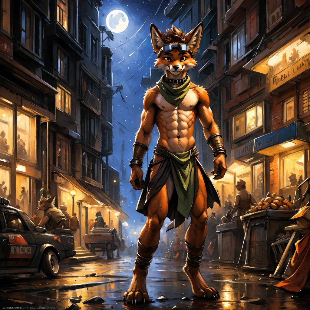 no lighting deep shadow, masterpiece, high quality, hi res, solo, teen Furry, furry, teenager, red fox, spiked brown hair only on head, collar, brown eyes, goggles, Black loincloth, green scarf, elbow pads, masterpiece, No muscles, Detailed hands, detailed face, detailed eyes, detailed body, Flat body, Skinny, claws, high resolution, metal cuffs on wrists, no shirt, no underwear, crowded city, night, leaning forward, art by kenket