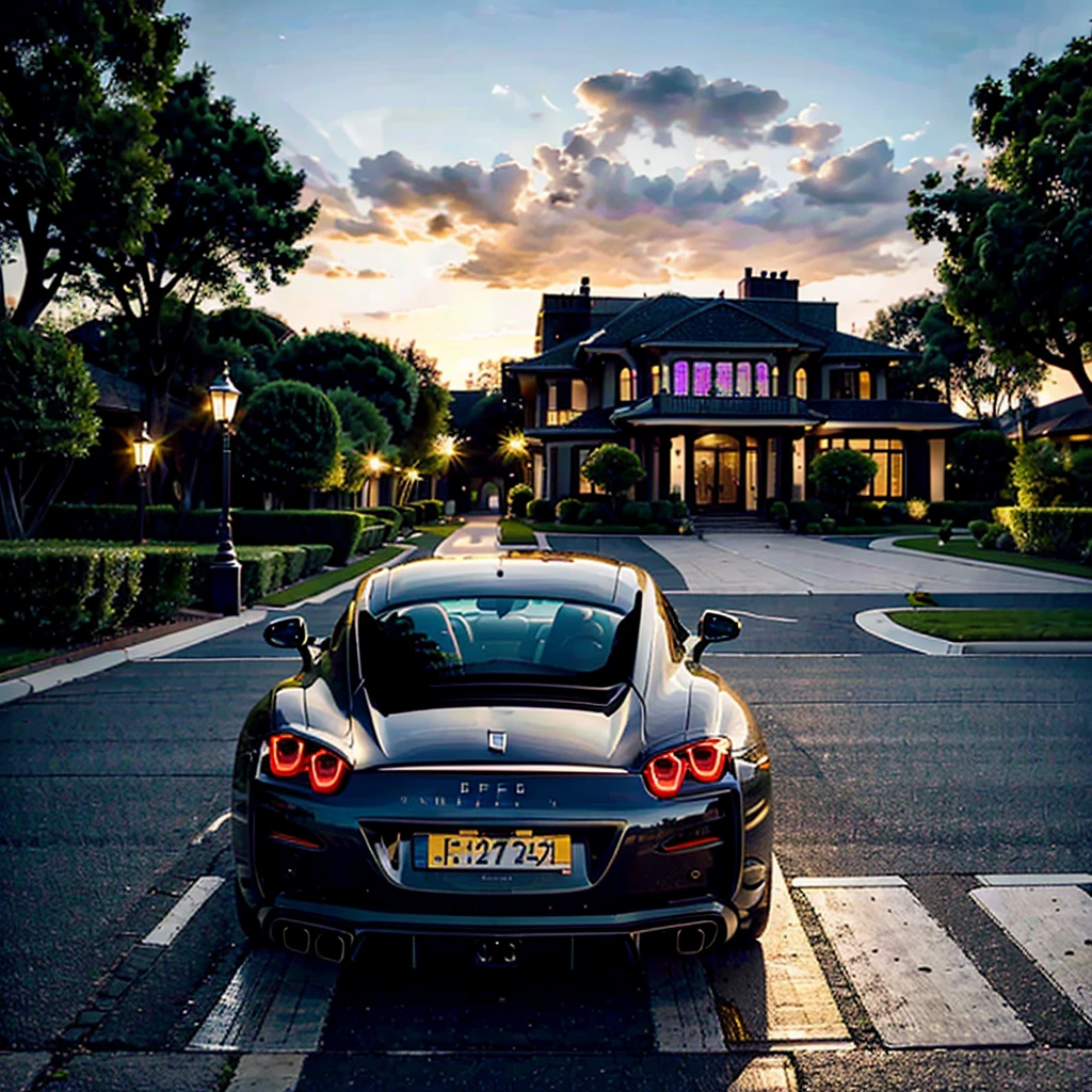 Imagine a stunning scene in Los Angeles at dusk. At the center of the image is a modern mansion with clean architectural lines and large glass windows reflecting the orange sky of the sunset. In front of the mansion, there is a display of luxury cars parked on a paved circular driveway: a bright red Ferrari, a vibrant yellow Lamborghini, an imposing black Rolls Royce, an elegant silver Porsche, and a metallic blue Nissan GTR.
Beside the cars, two sports motorcycles, a green Kawasaki Ninja and a blue Suzuki, are parked with their aerodynamic lines and aggressive design drawing attention. In the sky above the mansion, a private helicopter is about to land, while a little further away, a private jet flies low, preparing to land at the nearby airport.
At the mansion’s private dock, several luxurious yachts are anchored, with their elegant silhouettes standing out against the sparkling water. In the foreground of the image, a couple stands side by side. The woman wears a long, flowing, very beautiful dress that matches the golden glow of the horizon. The man beside her is in an elegant suit, perfectly tailored.
The couple’s faces are clear and beautiful, radiating happiness and success. They are looking into the distant horizon, contemplating the empire they have built together. The image conveys a sense of power, wealth, and a billionaire lifestyle that is both aspirational and inspiring.