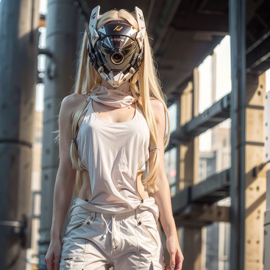 1girl, long blonde hair, cyber helmet, white tank top, white cargo pants, mouth mask, covered mouth, Blur background, pale skin, 8K, Hi-Res