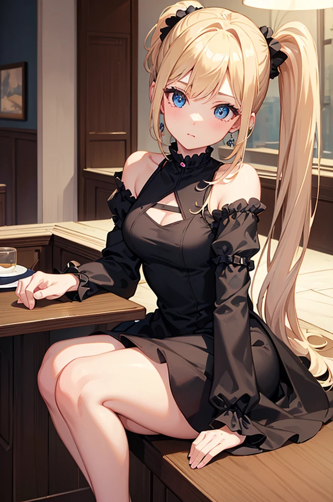 ((best quality)), ((masterpiece)), (detailed), perfect face, 1 girl, blue eyes, blonde hair, two pigtails, Pink ponytail holders, full body image wearing a tight black dress, in a romantic atmosphere in a restaurant 