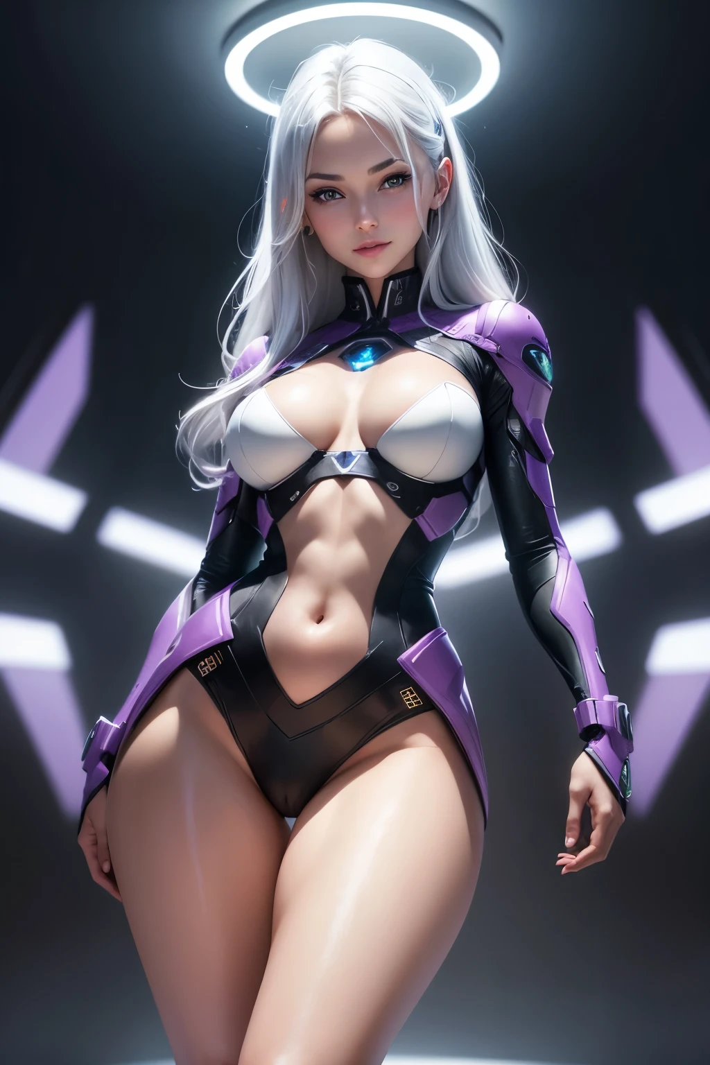 hdr, 2k, 4k, 8k, masterpiece, highres, detailed, plush lips, glow, detailed reflections, 1girl, solo, slim, athletic body, tan color skin, detailed blue eyes, long hair, gradient white hair, perfect hands, perfect fingers, perfect legs, perfect eyes, {perfect detailed eyes}, {beautiful detailed face}, {adult face},{cute mature face},{age:25}, lower saturation,{symmetry}, cinematic, {medium breasts}, slim waist, slim legs, happy face, smiling, round buttocks, perfect body, looking horny, playful, lively mood, legs spread, very sexy, halo game, spartan suit, {purple futuristic military suit}