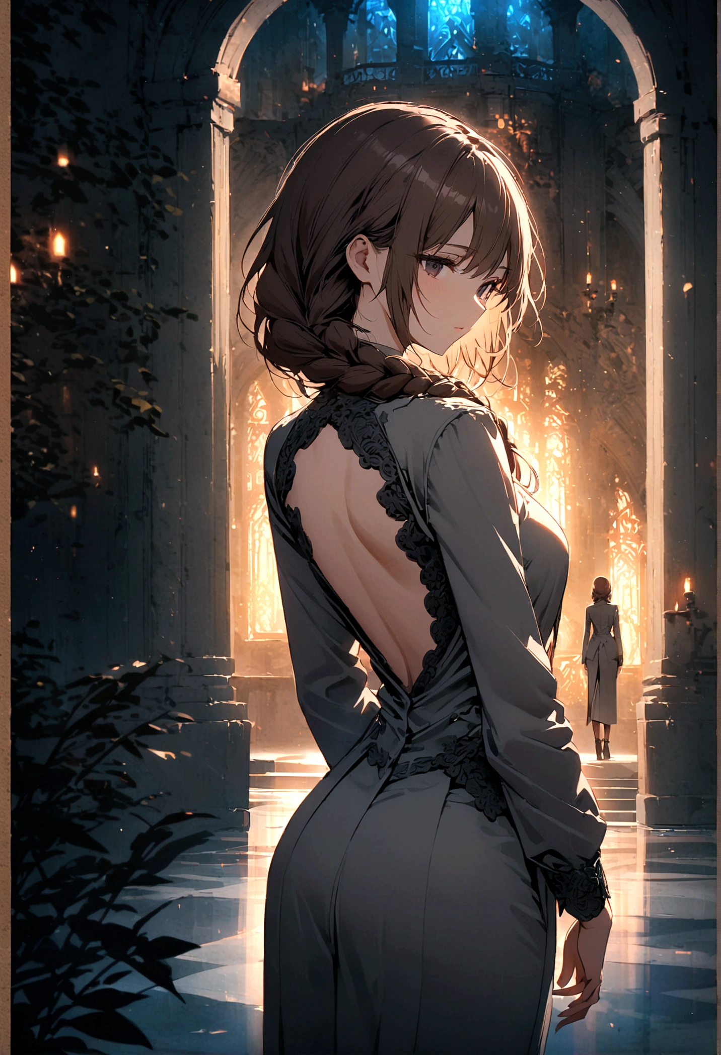 A woman with brown braided hair and black eyes wearing a gray suit with her back turned half her face stood alone in the middle of the palace at night.