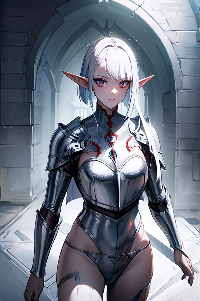 female elf knight, full body art, silver hair, white skin, red iris eye, knight full plate adorned armor, silver cape, perfectly detailed
