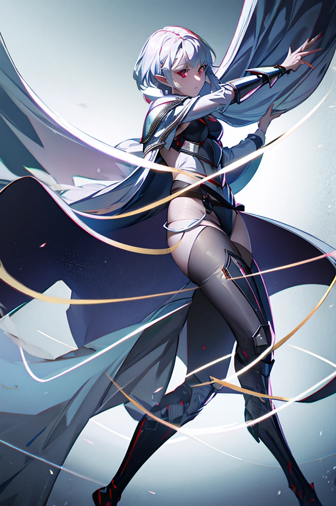 female elf knight, full body art, silver hair, white skin, red iris eye, knight full plate adorned armor, silver cape, perfectly detailed