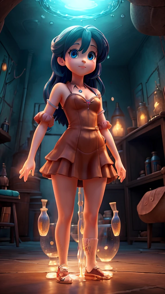 masterpiece, High resolution, Beautiful girl in anime style, In a dirty beaker, Immersed in liquid, Homunculus, magic circle, Small room with fluorescent flash, Perfect beautiful girl, No clothes, Shine from the inside, Staring at the audience, Laughter, 3D Rendering, perspective, wonderfulアニメイラスト, Impressive lighting, wonderful, dangerous, Monstrous