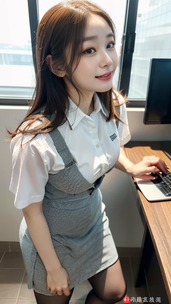 ((top-quality、masterpiece、photographrealistic:1.4、in 8K))、Beautuful Women1a person、25years old、beautiful hairl、delicate and beautiful face、Eyes and faces with detailed 、(Modern workplace with computer:1.2)、(Shirt:1.2)、(standing:1.2)、A smile、Beautiful lighting、Textured skin、Super Detail、high detailing、High quality、hight resolution、(looking at the viewers)、Detailed mouth、Opening Mouth、full body Esbian、tight skirts、Women at work、Fishnet Stockings、Coffee、window、Women who can work、high-heels