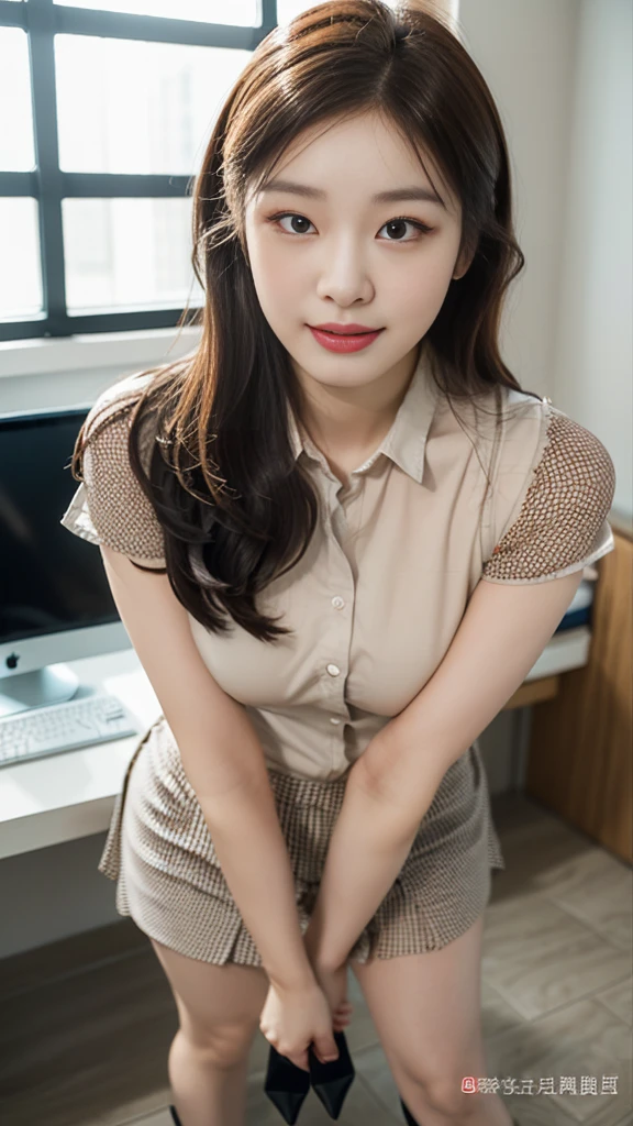 ((top-quality、​masterpiece、photographrealistic:1.4、in 8K))、Beautuful Women１a person、25years old、beautiful hairl、delicate and beautiful face、Eyes and faces with detailed 、(Modern workplace with computer:1.2)、(Shirt:1.2)、(standing:1.2)、A smile、Beautiful lighting、Textured skin、Super Detail、high detailing、High quality、hight resolution、（looking at the viewers）、Detailed mouth、Opening Mouth、full body Esbian、tight skirts、Women at work、Fishnet Stockings、Coffee、window、Women who can work、high-heels