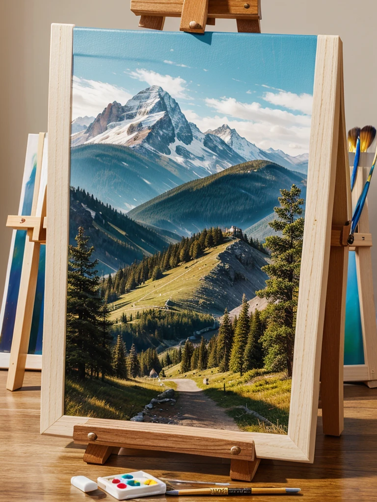 Create a mountain-themed piece of art on a small-sized canvas on an brown wood easel and table filled with paints the same color as the canvas and brushes