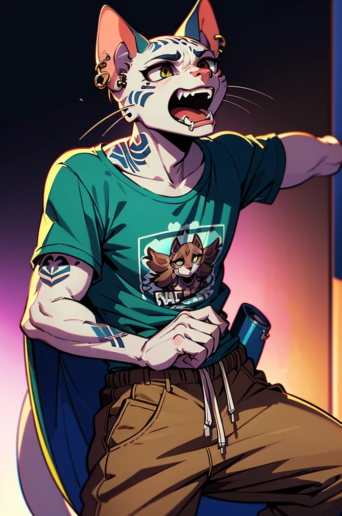 A male sphinx cat with white skin and black tattoos on his arms, ((white eyes, ear piercings, baggy green t-shirt, baggy brown pants, slim physique, manly face, scream)), high-quality 8k, comic style, hyper-detailed, sharp focus, studio lighting, cinematic dramatic lighting, neon color palette, neon lighting, cyberpunk, digital art