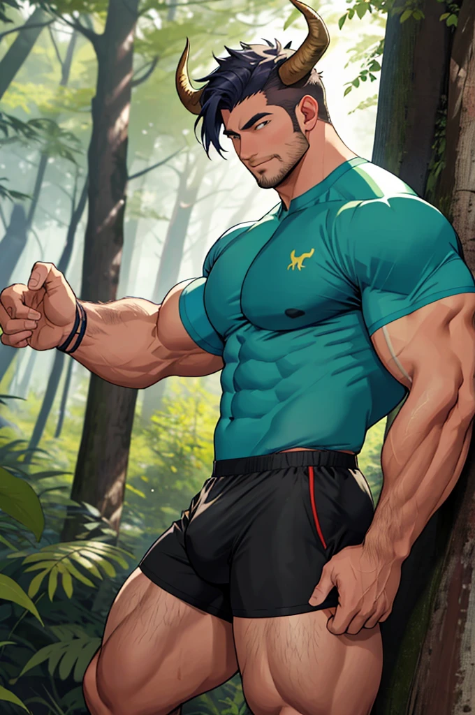 very muscular bull man, big breasts, tight shirt, small horns and bull ears, long bull tail, tight shorts showing bulge, man in forest, sexy bull man