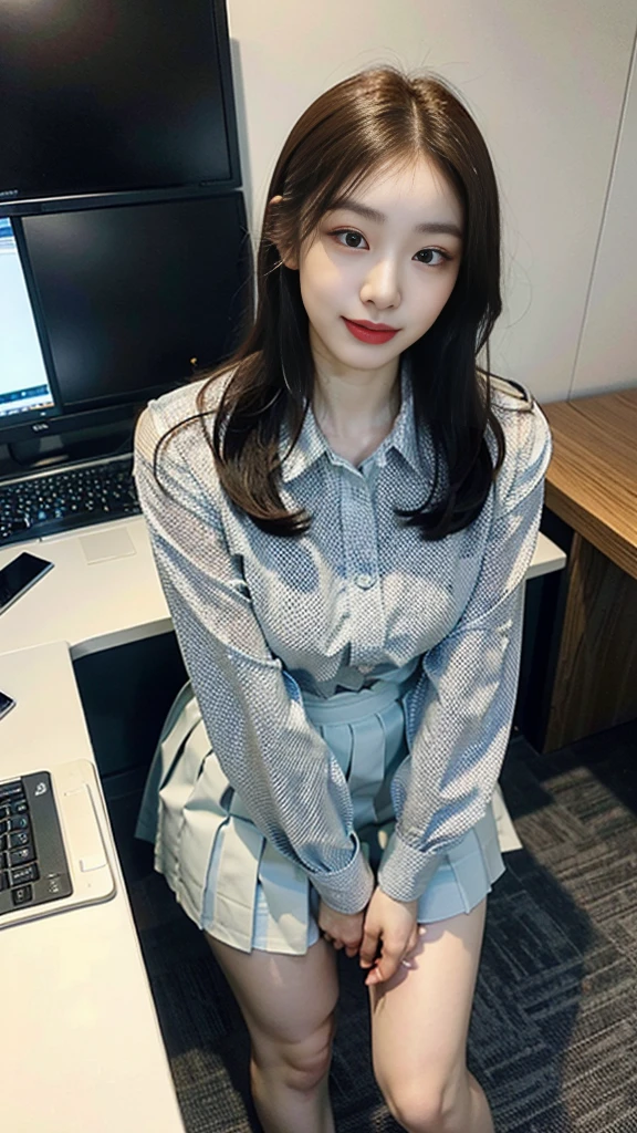 ((top-quality、masterpiece、photographrealistic:1.4、in 8K))、Beautuful Women1a person、25years old、beautiful hairl、delicate and beautiful face、Eyes and faces with detailed 、(Modern workplace with computer:1.2)、(Shirt:1.2)、(standing:1.2)、A smile、Beautiful lighting、Textured skin、Super Detail、high detailing、High quality、hight resolution、(looking at the viewers)、Detailed mouth、Opening Mouth、full body Esbian、tight skirts、Women at work、Fishnet Stockings、Coffee、window、Women who can work、high-heels