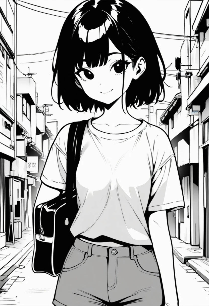 ​masterpiece, best quality 1girl, grayscale, style: manga, japanese, black eyes, street, iced, black hair, schoolbag, smile, lineart, white background, white shirt, grey shorts
