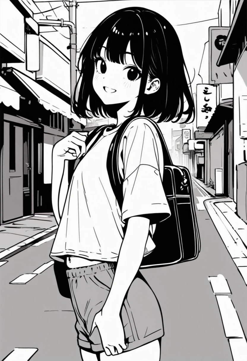 masterpiece, best quality 1girl, grayscale, style: manga, japanese, black eyes, street, iced, black hair, schoolbag, smile, lineart, white background, white shirt, grey shorts
