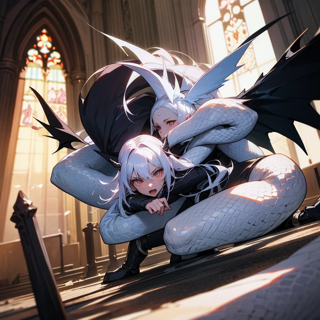 White snake woman half demon, black woman with wings, fighting, epic, in gothik church, epic anime fight