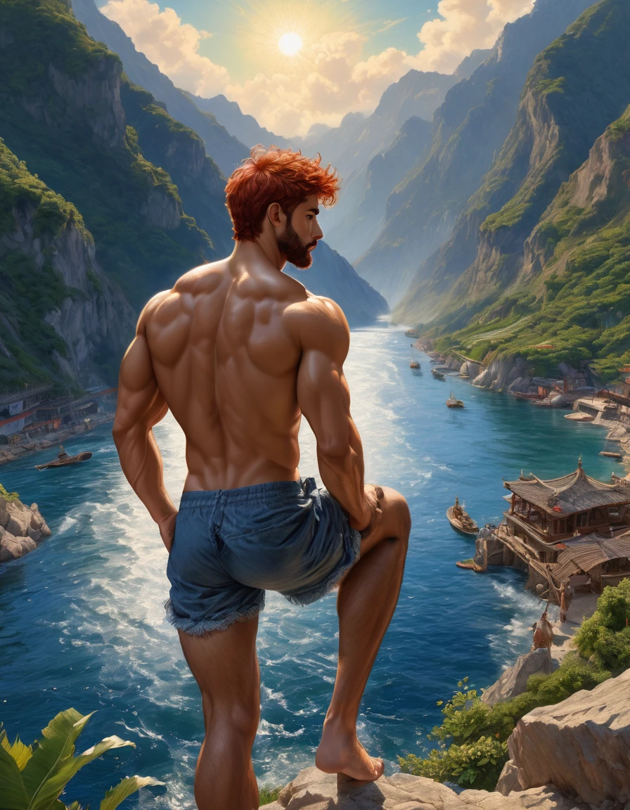 ((1 man full body wearing sleevsless t-shirt, bottomless, flip flop sandals,)) (front view )), in henry scott tuke and Peter Paul Rubens art style, ultra detailed, ultra realistic, ambient lighting, becoming the subject composition, soft neutral colors, perfect components layout, perfect detailed feet, divine proportions, wide angle, fullbody, in henry scott tuke art style, ultradetailed, ultrarealistic, 8k resolution, HD, a red head, hairy, slighly hairy body, slender, detailed eyes, detailed feet, detailed nose, detailed lips, detailed chin, detailed ears, detailed muscles, blue eyes, shirtless, barefoot, handsome, masculine, detailed feet, detailed hands, gorgeous, , perefect anatomy, skinny detailed muscles man view from behind, a 25 years old latino man is siting by the river watching the sun rice in the background, river, mountains, sun, clouds natural lighting, , high quality masterful still-life painting, oil painting, vibrant rich colors, atmospheric perspective, depth, illustration, intricate details, ultra high resolution, sharp details, sharp focus, 8k resolution Miki Asai Macro photography, fullbody, hyper detailed, trending on artstation, sharp focus, studio photo, intricate details, highly detailed, by greg rutkowski ,GO_pokemon,