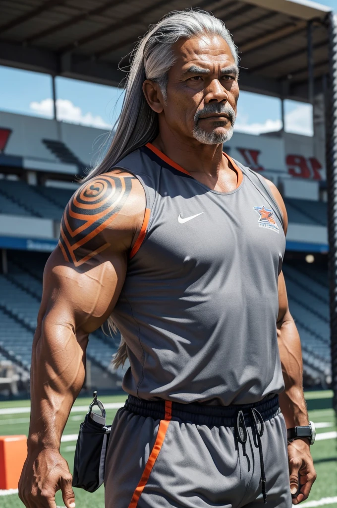 man from samoa, 60 years old, very muscular body, long gray hair, football coach, at a football field, wearing orange jumpsuit, many tribal tattoos