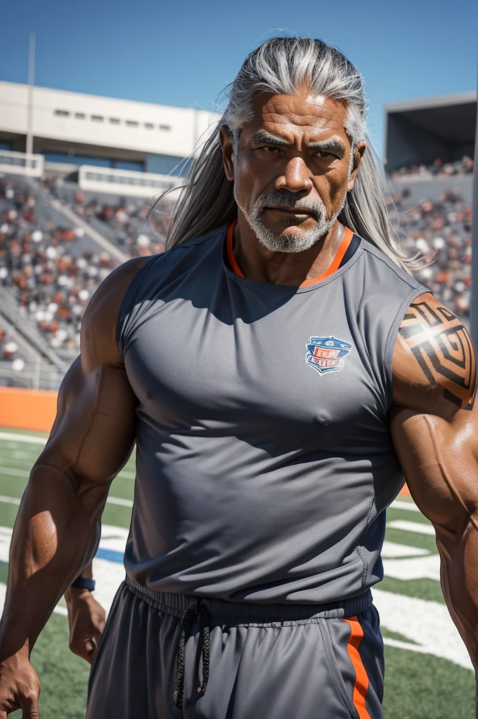 man from samoa, 60 years old, very muscular body, long gray hair, football coach, at a football field, wearing orange jumpsuit, many tribal tattoos