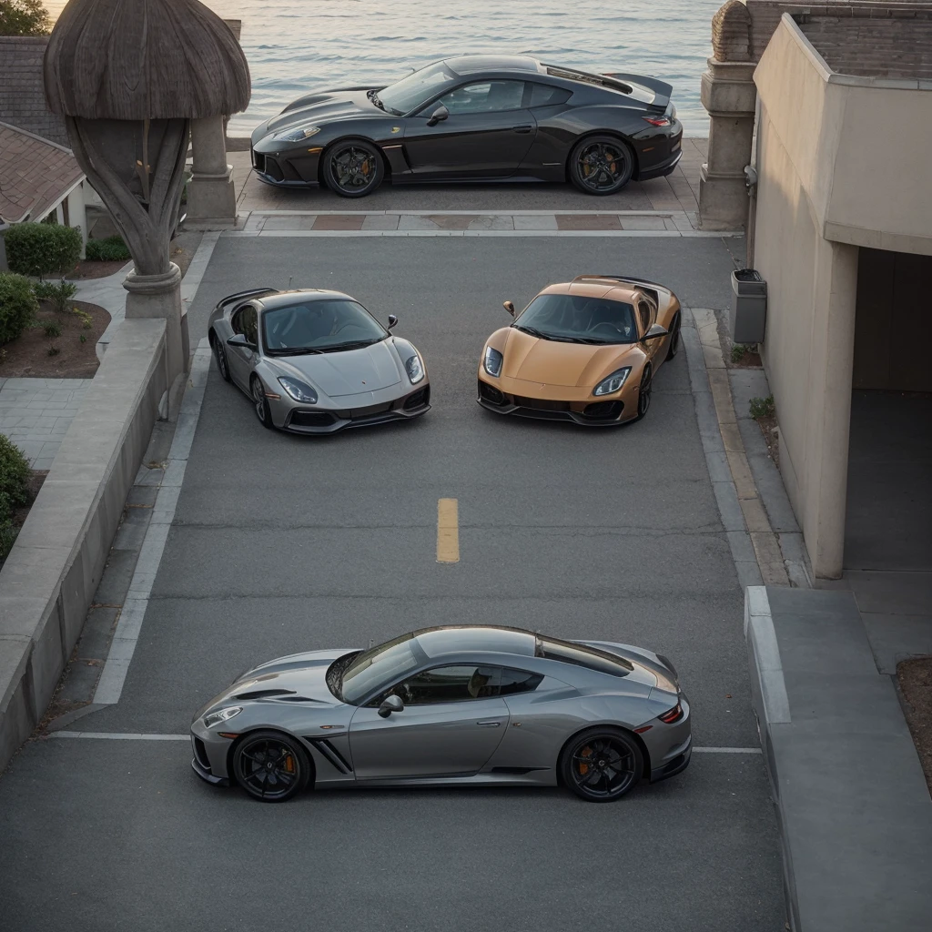Imagine a stunning scene in Los Angeles at dusk. At the center of the image is a modern mansion with clean architectural lines and large glass windows reflecting the orange sky of the sunset. In front of the mansion, there is a display of luxury cars parked on a paved circular driveway: a bright red Ferrari, a vibrant yellow Lamborghini, an imposing black Rolls Royce, an elegant silver Porsche, and a metallic blue Nissan GTR.

Beside the cars, two sports motorcycles, a green Kawasaki Ninja and a blue Suzuki, are parked with their aerodynamic lines and aggressive design drawing attention. In the sky above the mansion, a private helicopter is about to land, while a little further away, a private jet flies low, preparing to land at the nearby airport.

At the mansion’s private dock, several luxurious yachts are anchored, with their elegant silhouettes standing out against the sparkling water. In the foreground of the image, a couple stands side by side. The woman wears a long, flowing, very beautiful dress that matches the golden glow of the horizon. The man beside her is in an elegant suit, perfectly tailored.

The couple’s faces are clear and beautiful, radiating happiness and success. They are looking into the distant horizon, contemplating the empire they have built together. The image conveys a sense of power, wealth, and a billionaire lifestyle that is both aspirational and inspiring.