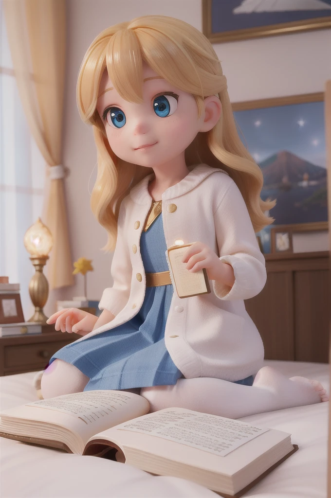there is a with golden hair with beautiful and big brown eyes with white sparkles, she is in her room, while she is holding a book with a golden cover, she is sitting on the bed, and from the book emanates a golden light (( the book is magic))
the blue light emanates from the pages of the book, the blue light reflects on the little girl's face