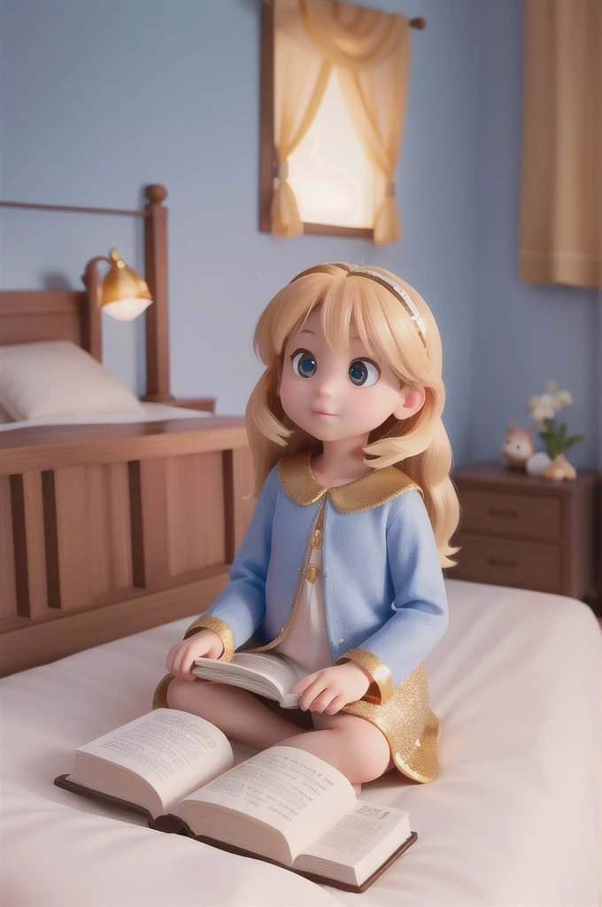 there is a with golden hair with beautiful and big brown eyes with white sparkles, she is in her room, while she is holding a book with a golden cover, she is sitting on the bed, and from the book emanates a golden light (( the book is magic))
the blue light emanates from the pages of the book, the blue light reflects on the little girl's face