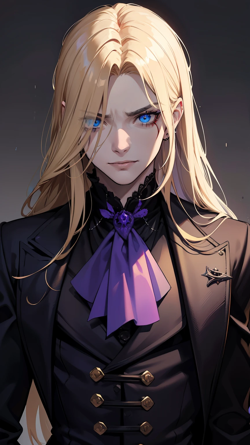 {8k image},  with intense rain，(masculine), (horrifying,shocking),blood-spattered man, male covered in blood,long flowing blond hair, , ((paled skin)) ,expressive eyes,dramatic lighting,gritty and intense,horror portrait,violent,splattered blood,dark and haunting background,close-up of face and body,bloody handprints,terrifying aura,macabre,vivid colors,high contrast, blue eyes, bloddy, masacre, androgynous, perfect face, evil smile, insane, crazy, Black coat, black suit, one young male, beautiful long hair, blond hair, blue eyes, purple victorian shirt, purple jabot, beautiful face, highest quality, wild fighting stance, blood everywhere {looking directly at the viewer}, {facing forward}, {perfect anatomy}, {image focused only on the face}, {face portrait}, grey background, 