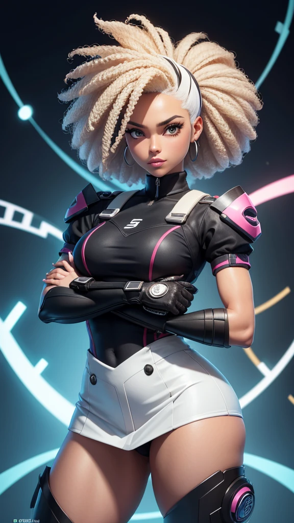 estilo 3dmm, (((corpo todo))), 128K Ultra High Definition, 128K de qualidade ultra-alta, Ultra-high 128K resolution, 128K resolution, Qualidade 128K, 128K resolution, Better definition, melhor qualidade, best resolution, hiper detalhado, hyper definition, hiper qualidade, Hyper resolution, perfeitamente detalhado, Perfeitamente Projetado, trabalho de arte, Tiro Corporal, crossed arms, Esperando ansiosamente, mulher, 28 anos de idade, mulher negra inspirada na Barbie, olhos castanhos, cabelo afro, scientist uniform, jaleco branco de pesquisador, lab room, hands in pocket, action pose, maos super detalhadas