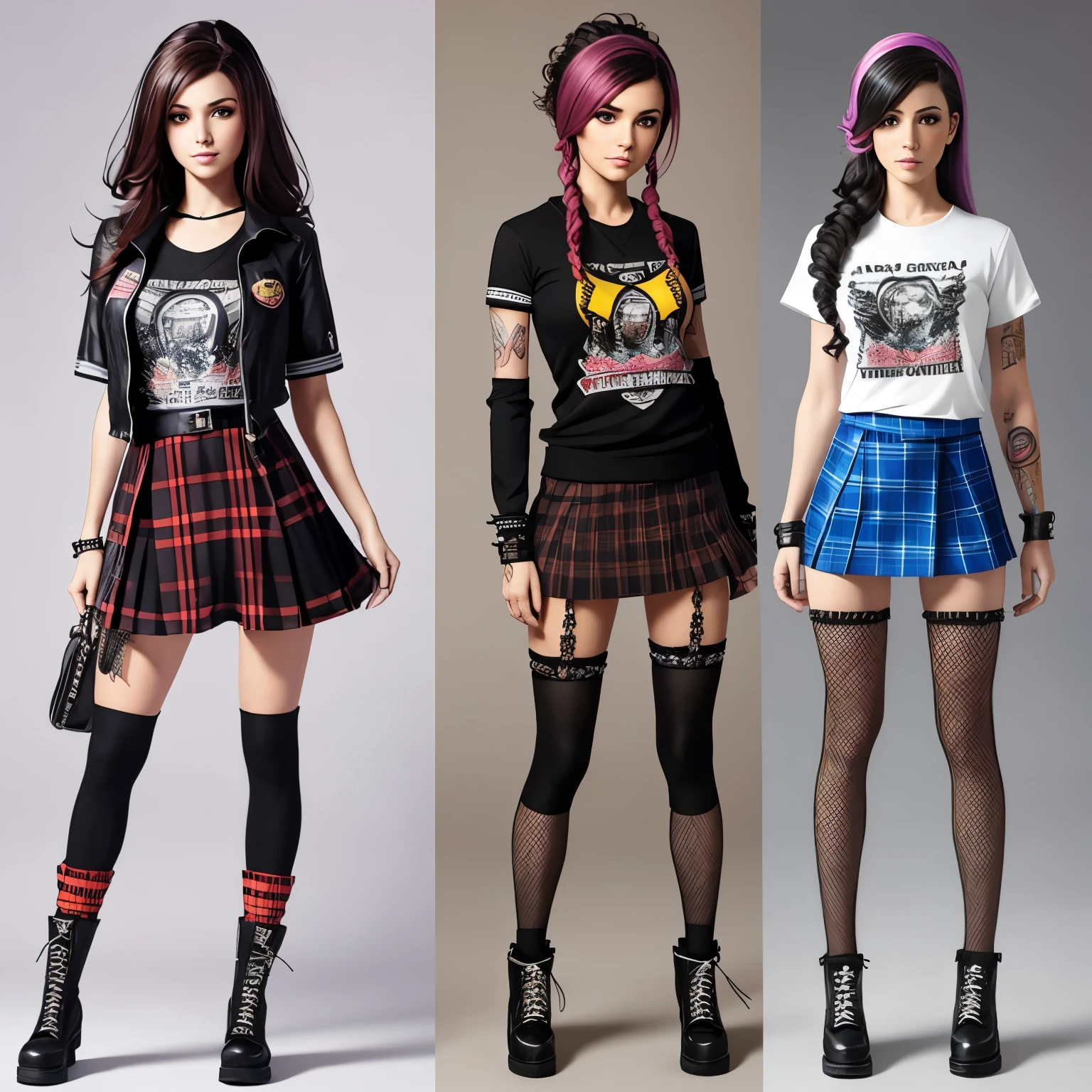 A front and back full body view of a female model in a punk-inspired outfit. The girl is depicted in a playful and vibrant manner, similar to the style shown in the reference image. She wears a Plaid skirt with a graphic tee, fishnet tights, and creepers. Her hair is styled in edgy punk manner, and she has a friendly and approachable expression. The front view shows her standing confidently, while the back view highlights the details of her outfit and hairstyle. The overall design is clean and colorful. Highly detailed, 8k, smooth, sharp focus, trending on artstation, digital painting, by Stanley Artgerm Lau, WLOP, Rossdraws, James Jean, Andrei Riabovitchev, Marc Simonetti, and Sakimichan,