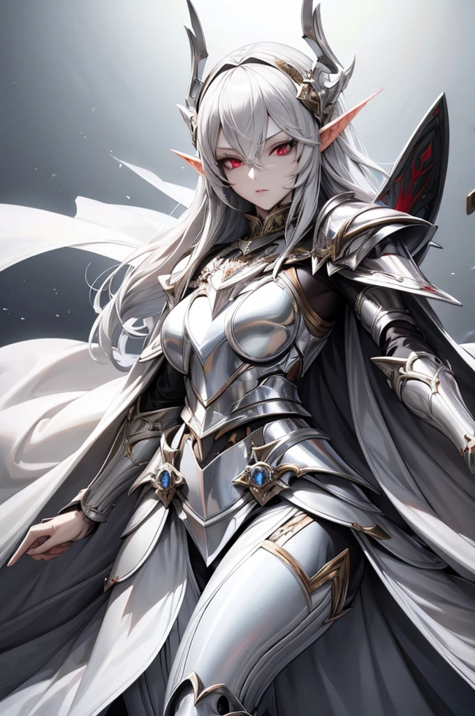 female elf knight, full body art, silver hair, white skin, red iris eye, knight full plate adorned armor, silver cape, perfectly detailed