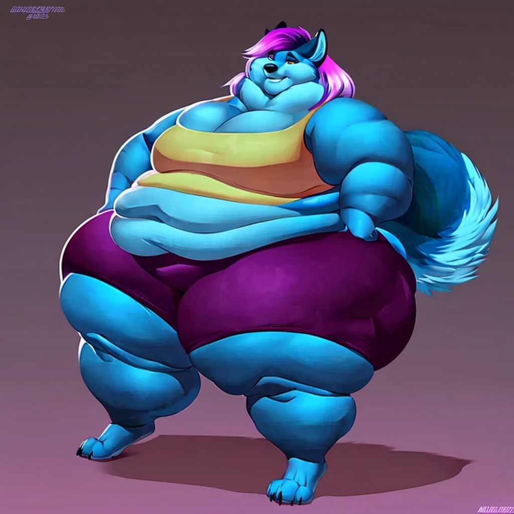 Malamute, female, long blue hair, black and blue body,, huge hips, huge thighs, plump, voluptuous,obese, gorgeous, beautiful, eyelashes, tank top, shorts,fat arms, fat legs, belly rolls, fat rolls, hip fat rolls, double chin, chubby cheeks , barefoot 