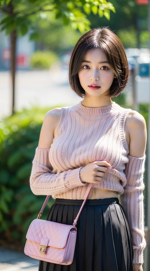 Highest quality, shape, Very detailed, finely, High resolution, 8k wallpaper, 完璧なダイナミックな構shape, Beautiful and exquisite, Natural Lip, whole body, front,Shyness、Embarrassed expression、Large Breasts、Slightly sagging breasts、Bob Cut Hair、University classroom、Pleated skirt、((looking at the camera))、Brown Hair、sweater、(((1 crossbody bag)))、(((ノースリーブsweater))),(((strap between breasts, shoulder strap passes between the breasts, bag))),(Thighs)