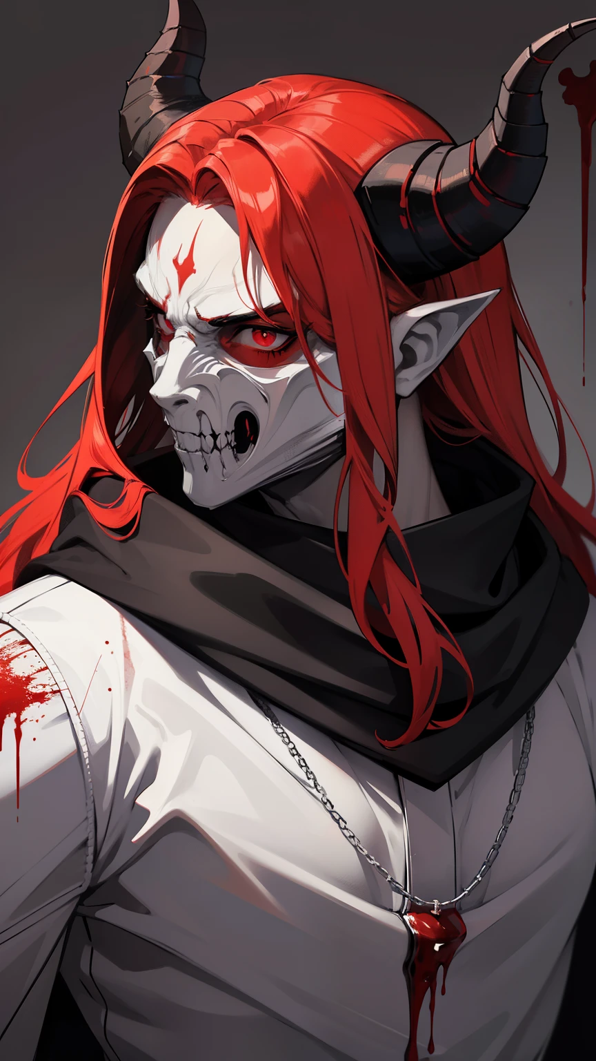 a Ichigo Vasto Lorde woman with red hair and horns sitting on the ground with her legs spread and her face painted red,H. R. Giger,dark fantasy art,a fine art painting,gothic art,dark blood splatter walls,splash,<lora:IchigoVastoLorde:0.7>,