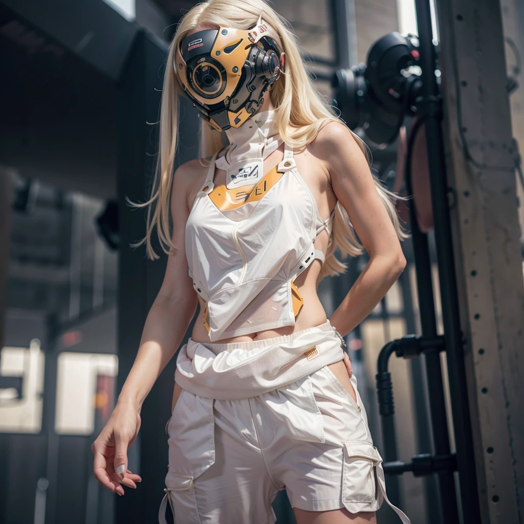 1girl, long blonde hair, cyber helmet, white tank top, white cargo pants, mouth mask, covered mouth, Blur background, pale skin, 8K, Hi-Res