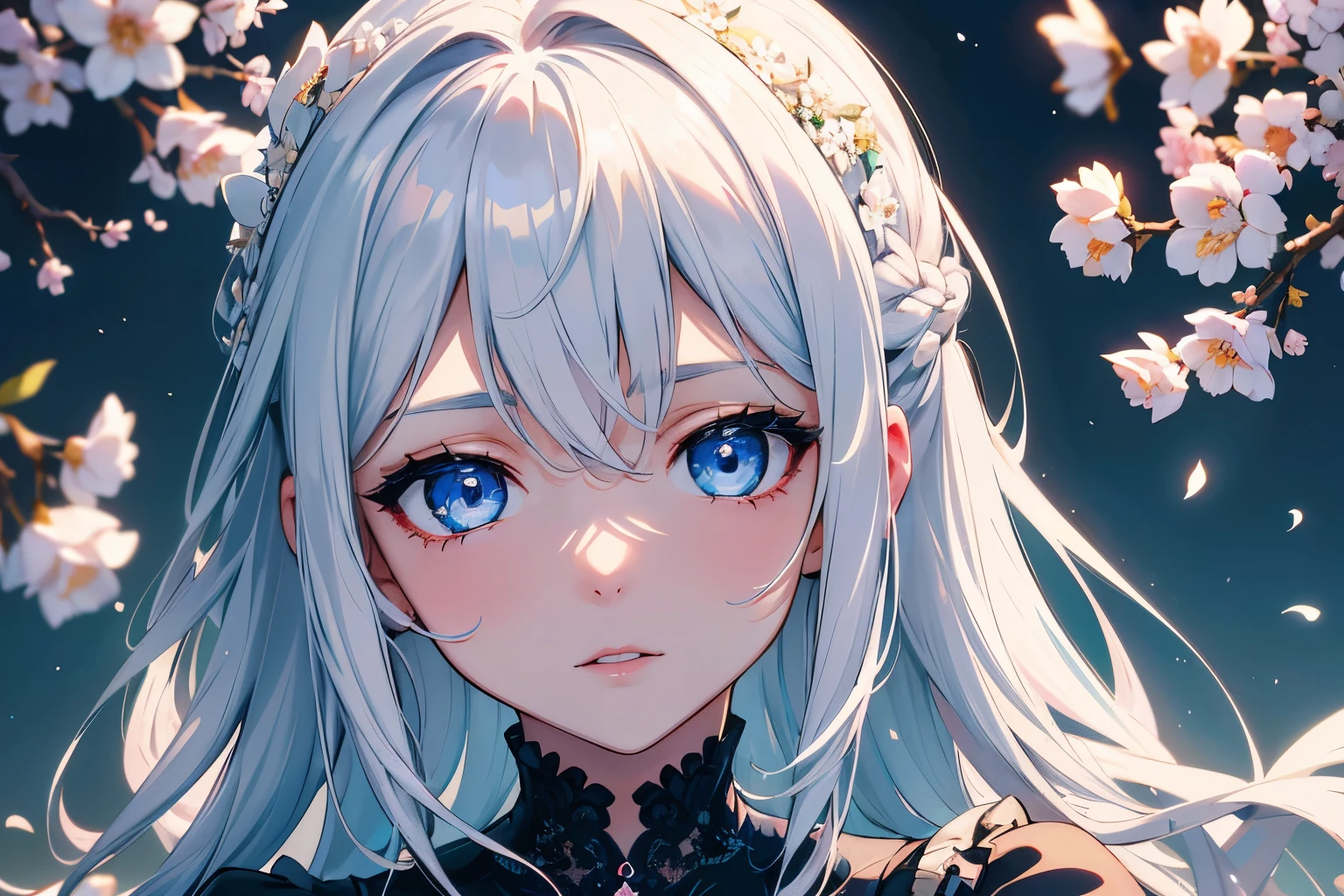 4K quality:1.2,1girl,sense of deps,disorganized,catch light,Super beautiful illustration,Cherry tree in full bloom:1.2,cool beauty,((White,long hairstyles:1.3)),A fleeting expression,dark dark eyeshadow,(((4k,super beautiful,In detail,blue eyes))),bright red lipstick,gothic ta,;D,beautiful and delicate hair,spring
