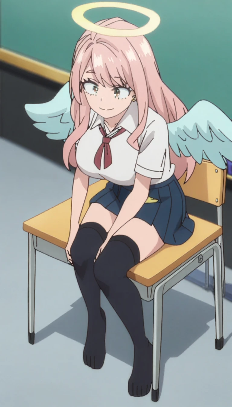 1girl, my hero academia screencap, boku no hero academia, pink hair, gold eyes, smiling, super long hair, cute, wearing white school shirt, red ribbon tie on shirt, in a classroom, cute gold earrings, bangs, , full body, large angel wings on back, halo, short skirt, thigh high black socks, big boobs, sitting down at desk, chatting
